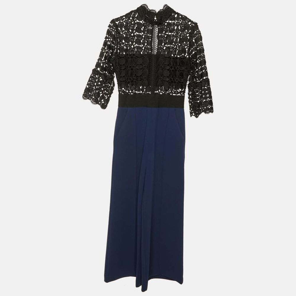 Self-Portrait Black/navy Blue Lace & Crepe Jumpsuit M